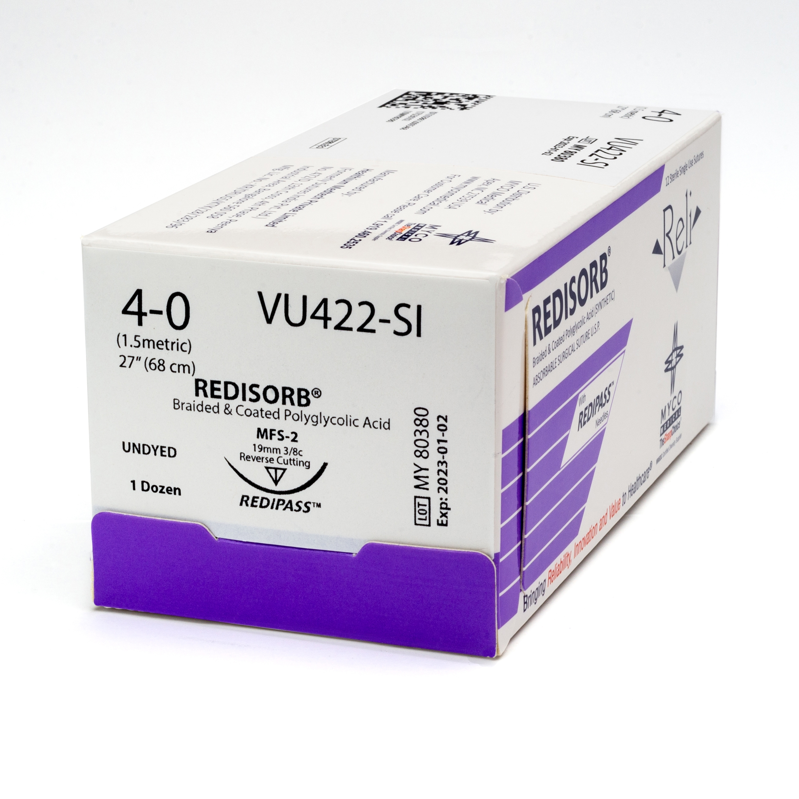 Suture with Needle Reli® Redisorb™ Absorbable Undyed Braided Polyglycolic Acid Suture Size 4 - 0 27 Inch Suture 1-Needle 19 mm Length 3/8 Circle Reverse Cutting Needle by Myco Medical  ID VU422-M